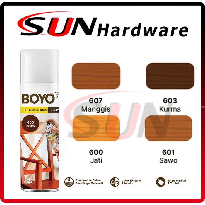 TERLARIS Pilox Boyo Politur Spray 400 cc kayu Jati Manggis Sawo Kurma Cat Semprot Pilok Plitur READY