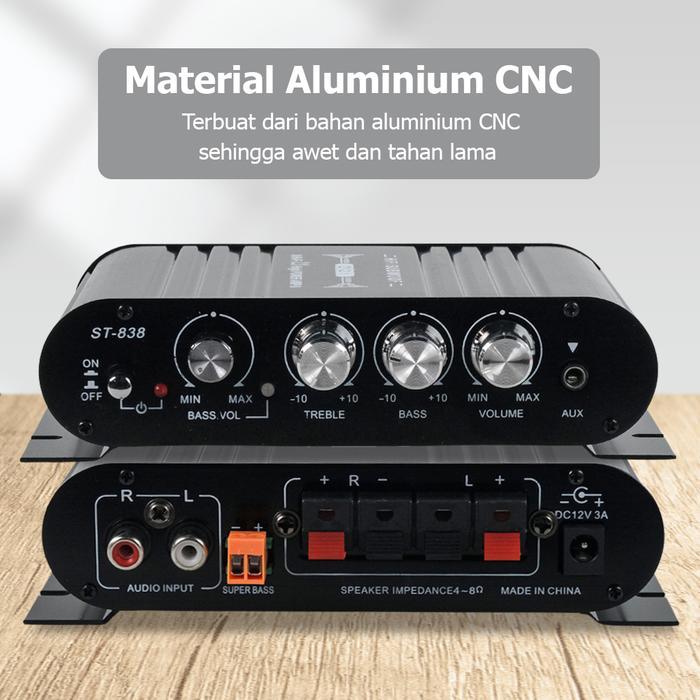 Amplifier Mini Bluetooth HiFi Stereo Treble Bass Control Power Amp 12V ST-838