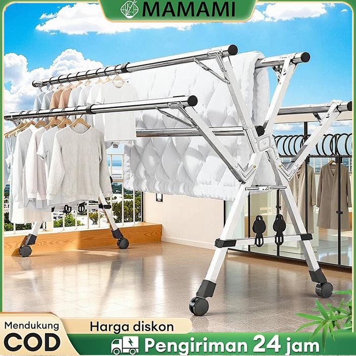 Jemuran Baju Lipat 5 Tiang Dengan Roda Jemuran Baju Lipat Stainless Steel Jemuran Pakaian Super