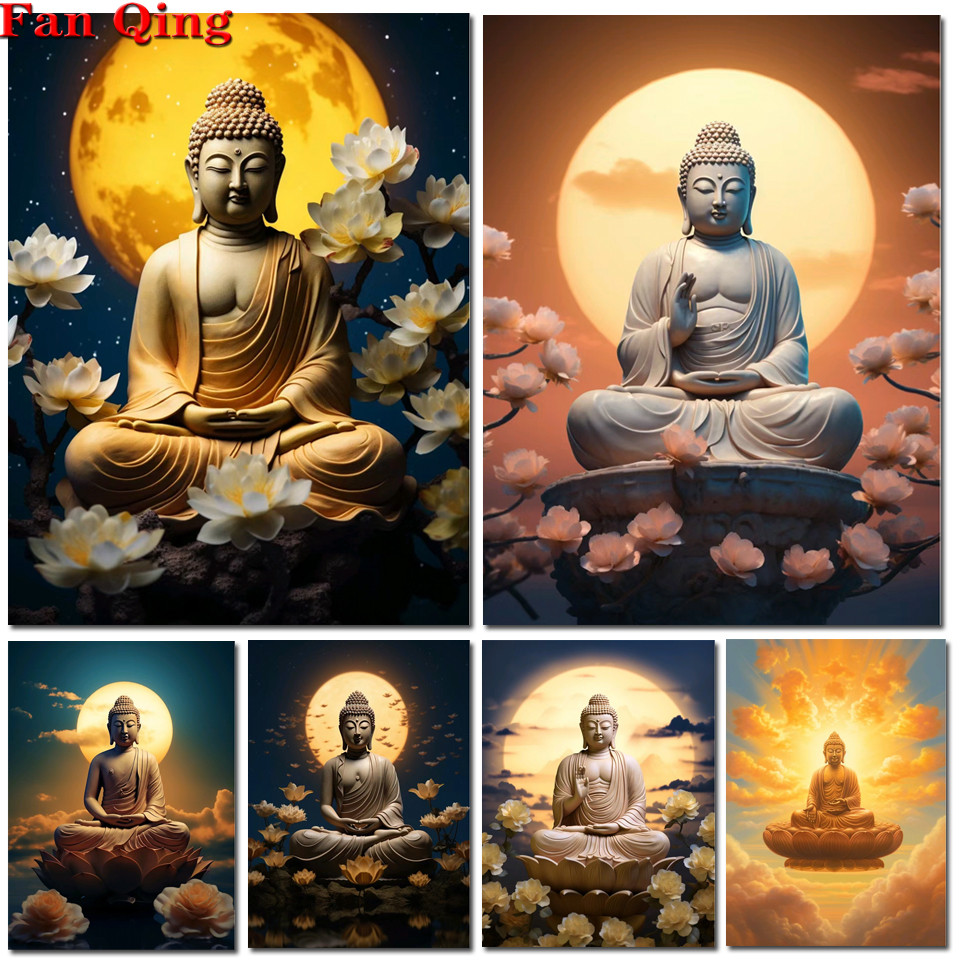 DIY 5D Diamond Painting Religious Buddha With Flowers Rhinestone Pictures Buddhism Buddha Sculpture 