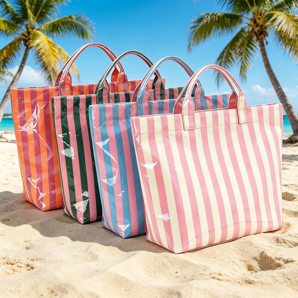 Striped PVC Tote Bag, Large Glossy Striped Handbags, Waterproof Top-Handle Bag, Plastic Tote