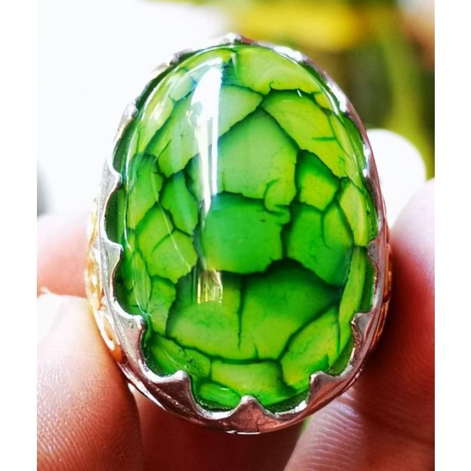 TERLARIS Batu Akik Natural Sisik Naga Hijau - Dimensi 30x20x10 mm - Alpaka Super Mewah - Top Quality