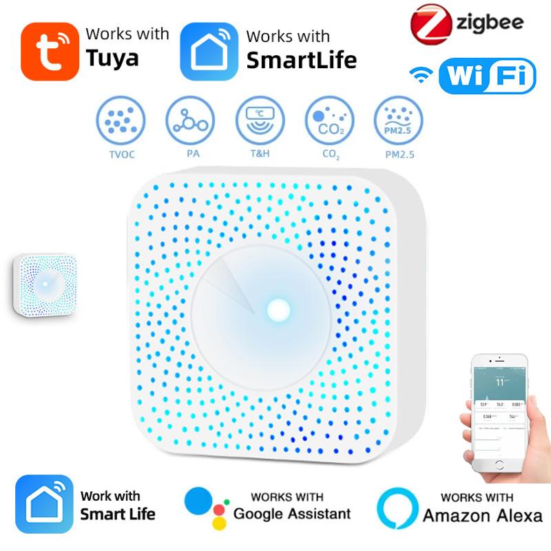 Tuya ZigBeeWiFi Air Quality Detetor PM2.5 VO O2 Temperature Humidity 6in1 Smart Air Box Sensor Via