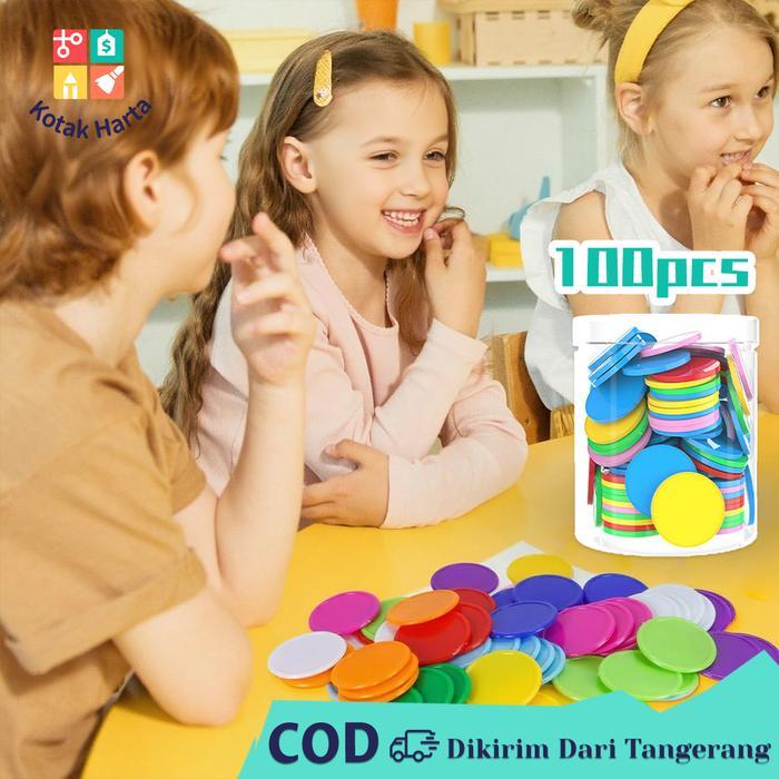 Terbaru 100Pcs Koin Counting Plastik Alat Hitung Koin Chip Poker Warna Mainan Edukasi Mahjong Chip