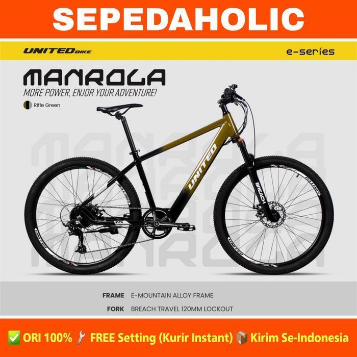 Sepeda Gunung MTB Electric UNITED MANROLA E-Bike Listrik 40 Km/Charge - Rifle Green, Extra Bonus - R