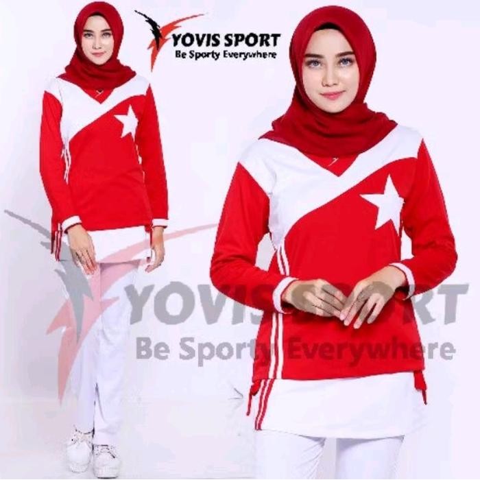 setelan bintang senam wanita yovis sport baju merah putih baju olahraga edisi merah putih