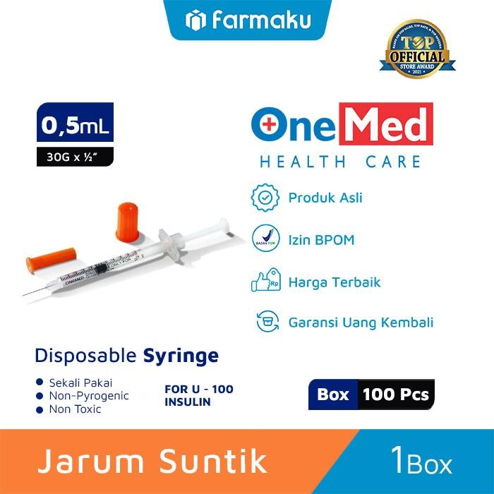 Terlaris Onemed Syringe Insulin 0.5 cc 100U Box Isi 100 Pcs - Jarum Suntik SALE