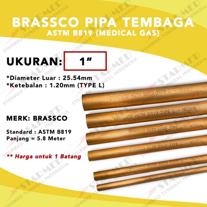 Brassco Pipa Tembaga Batangan Astm B819 1" - Pipa Gas Medis
