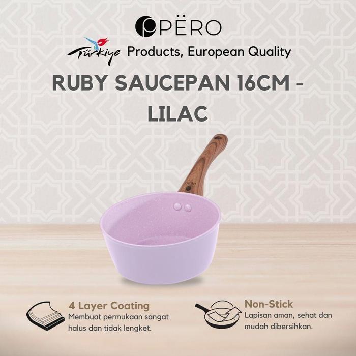[Exclusive Koko Panci] Pero Ruby Sauce Pan 16Cm Biogranite With Wooden Handle With Lid / Tutup Kaca