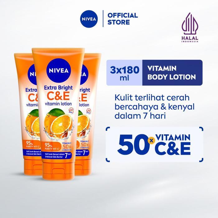 i0cc- (Paket Hemat Isi 3) Nivea Body Lotion Extra Bright C&E Vitamin Lotion Uv Filter 180Ml