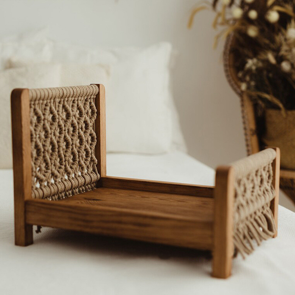 2023 Retro Mini Bed Baby Photo Props Cotton Rope Weaving Baby Doll Toy Newborn Photography Posing As