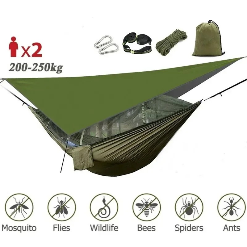 Camping Hammock with Mosquito Net&Rainfly Tent Tarp & Tree Straps,Portable Nylon Hammock Tent for