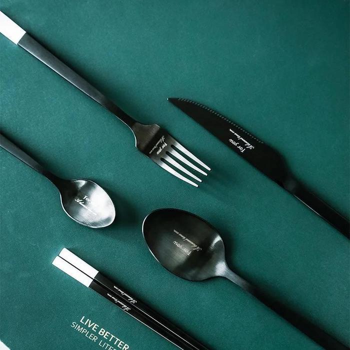 luxury picasso dinner spoon set black matte white / paket sendok garpu