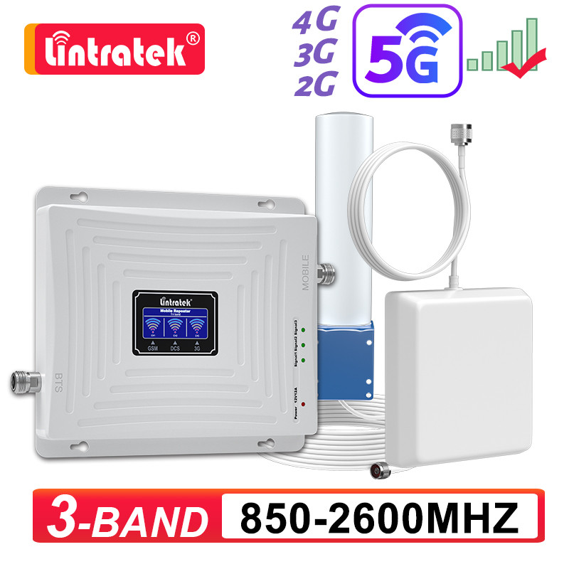 Lintratek 3-band signal amplifier for mobile phone 2g 3g 4g 5g Cellular Amplifier 900 1800 2100 2600