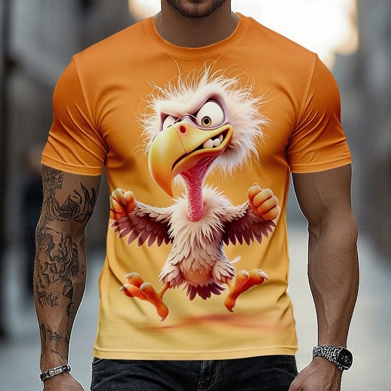 Kaos Ayam Kartun Lucu Gambar 3D untuk Pria Kaus Lengan Pendek Grafis Burung Lucu Atasan Jalanan Kasu