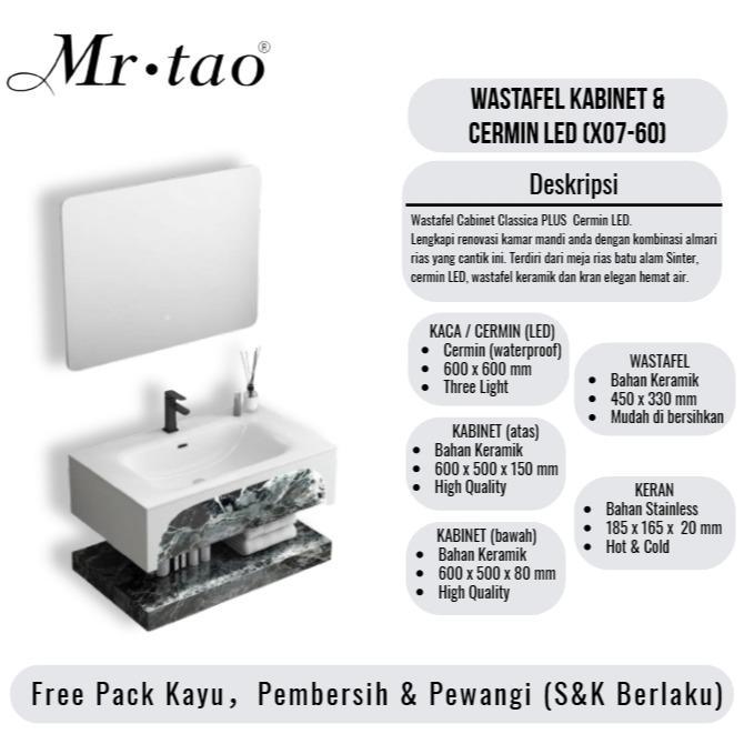 Mr.Tao Wastafel Kabinet Minimalis Keramik Dengan Cermin LED Waterproof Ukuran 60cm 1Set Lengkap - X0