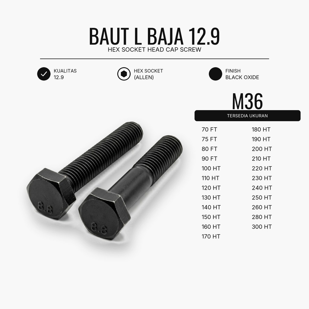 12.9 Baut L Baja M36X300 / 36X300 / M36 X 300 / 36 X 300 HT - Black Hex Socket Head Cap Screw