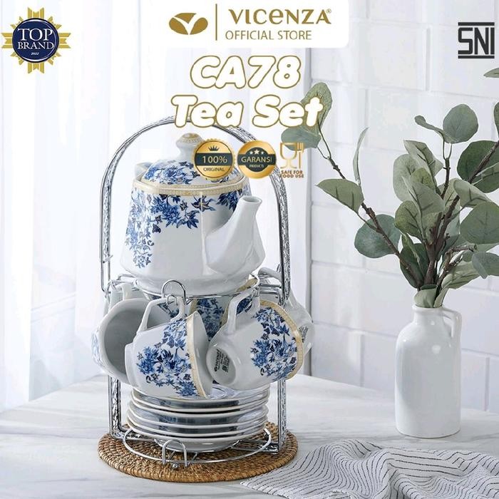 Vicenza Ca~78 Flower Series Tea Cup Set 15 Pcs Paket Teko & Cangkir Keramik + Rak Stainless