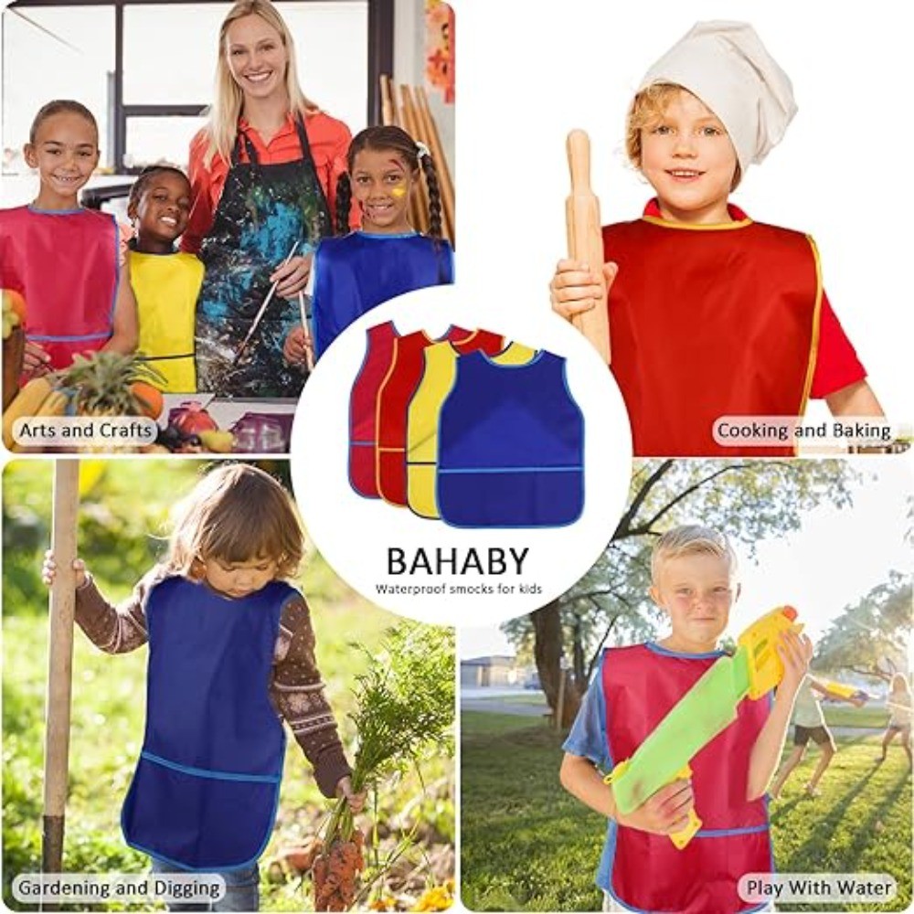 BAHABY 4Pcs Kids Art Smock Kids Apron Waterproof Painting Aprons with 3 Pockets Art Smocks for Kids