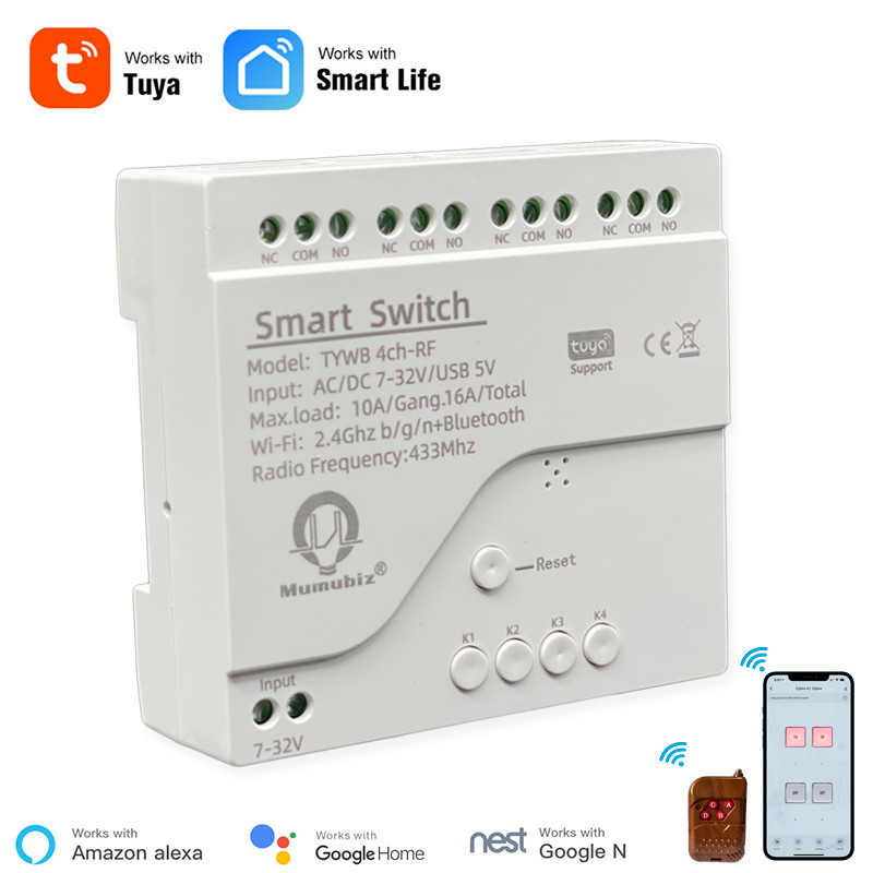 Tuya Smart 4 Channel WiFi RF Momentary Inching Relay Self-Lock Switch