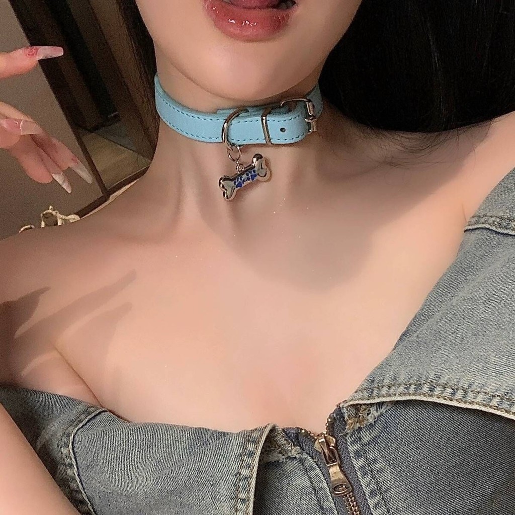 Y2K Leather Collar Spicy Girl Puppy Bone Choker Necklace Leash-inspired Punk Neck Torques Women's