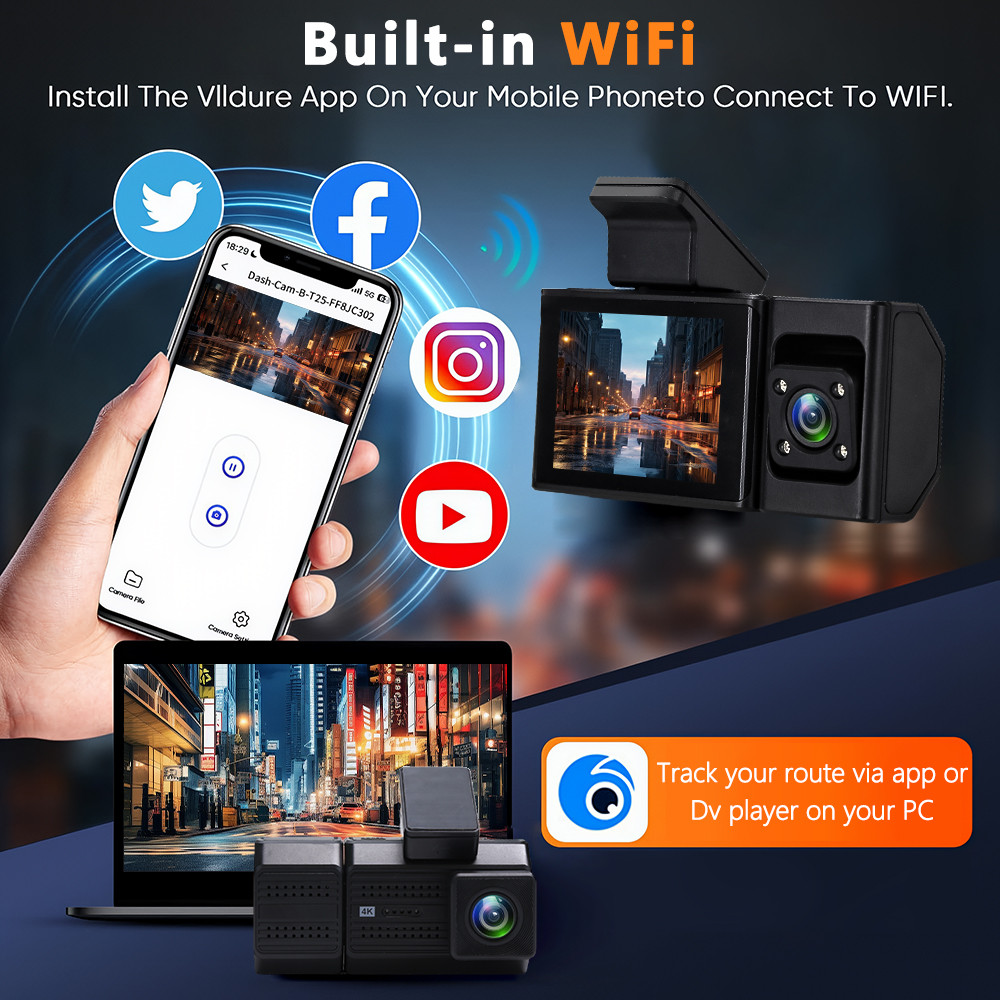 3 Channel D Cam 2.4 Inch 4K R WiFi APP Control Black Box 24H Parking Monitor Vedio Ca Recorder Rear