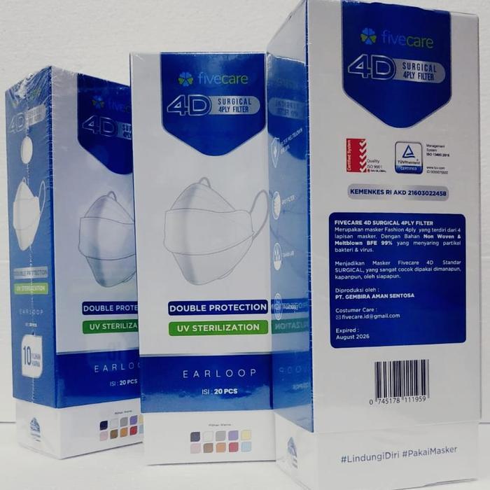 Masker fivecare 4D Surgical 4ply / Masker karet fivecare 4D 4ply