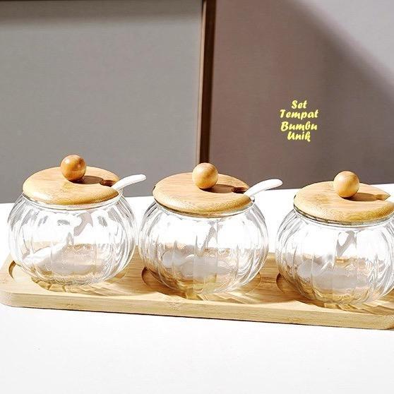 BULAT LABU Tempat Bumbu Unik Toples Kaca Wadah Kayu isi 3 tempat bumbu + 1 wadah kayu Set Tempat
