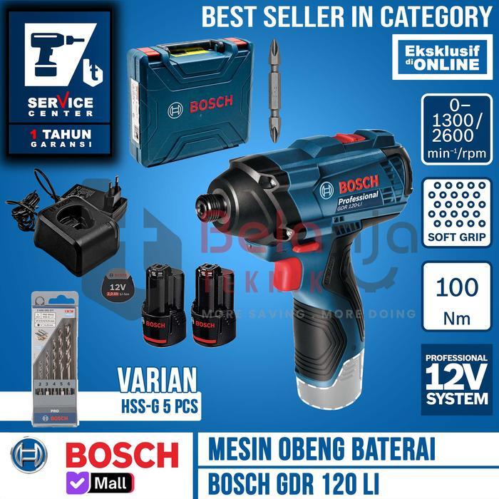 Ada Stok BOSCH Mesin Obeng Baterai GDR 120 LI Impact + Mata Bor Besi HSS-G 5Pcs Torsi 30 NM GDR120