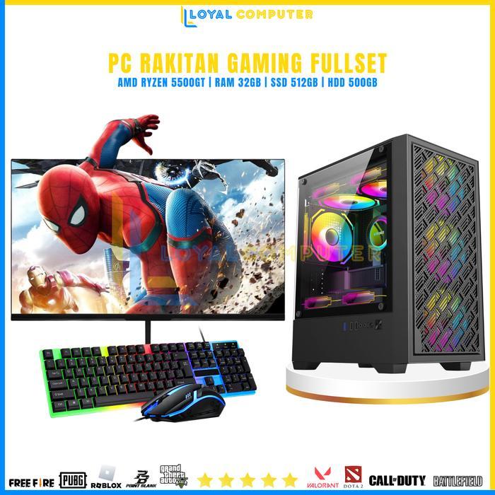 PC Rakitan Gaming Fullset AMD Ryzen 5 5500GT RAM 32gb SSD 512gb Lengkap LED 24 Inci Keyboard Mouse G