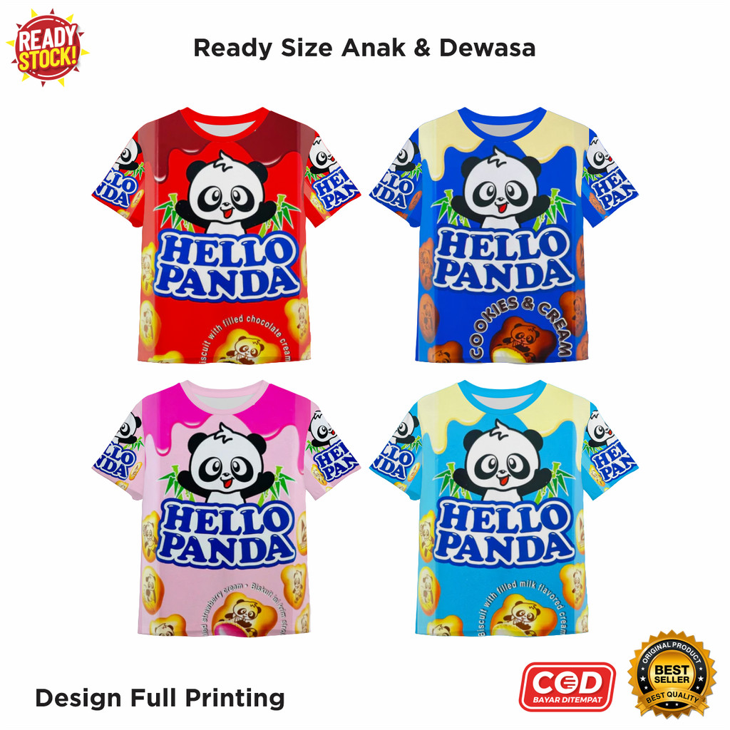 Kaos Fullprint Motif Hello Panda Chocholate Strawberry Cookies Cream Milk Jajanan Cemilan - Baju AOP