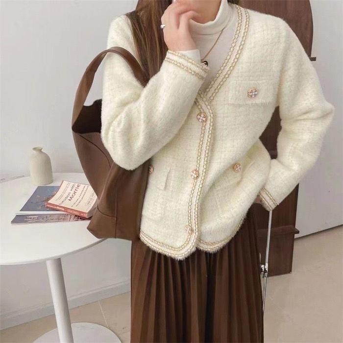 Cardigan Blazer tweed motif kotak lengan panjang 6020