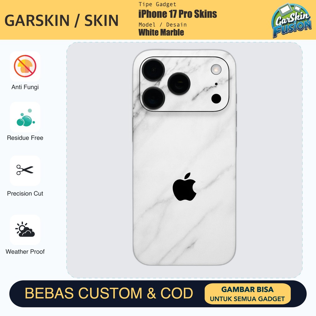 Skin Vinyl iPhone 17 Pro White Marble Anti Scratch Protector Case | by Fusion | Kode - WR65