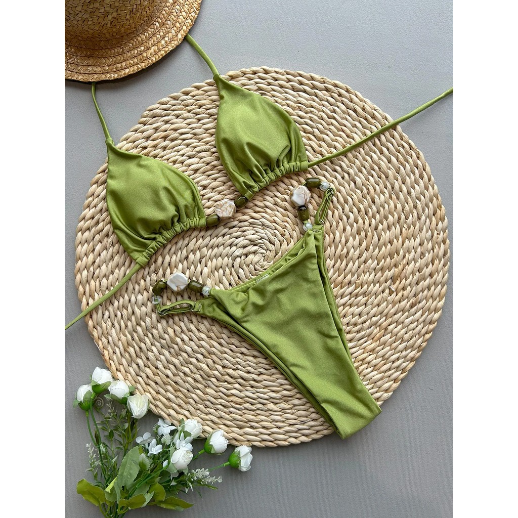 Green Bead String Thong Bikini 2025 Women Sexy Pleate Push Up Triangle Swimsuit Brazilian Summer