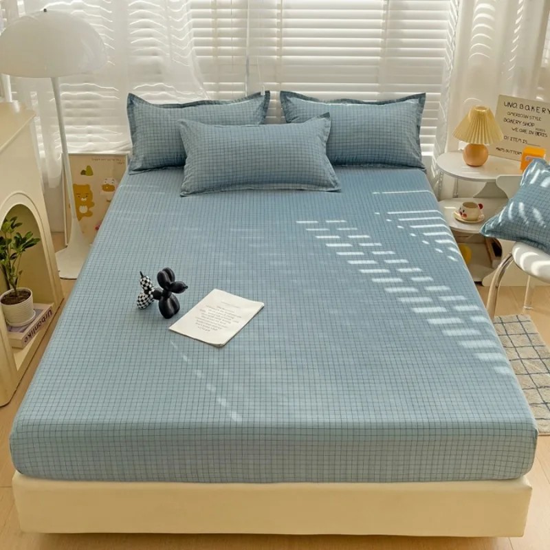 1PC Washed Cotton Fitted Sheet Non Slip Fitted Sheet Elastic Band Around Mattress Cover Bed Cover