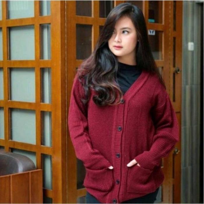 Merissa Outer Cardigan Rajut  Cardigan Rajut Kancing Saku Outer Merisa Knit - Marun