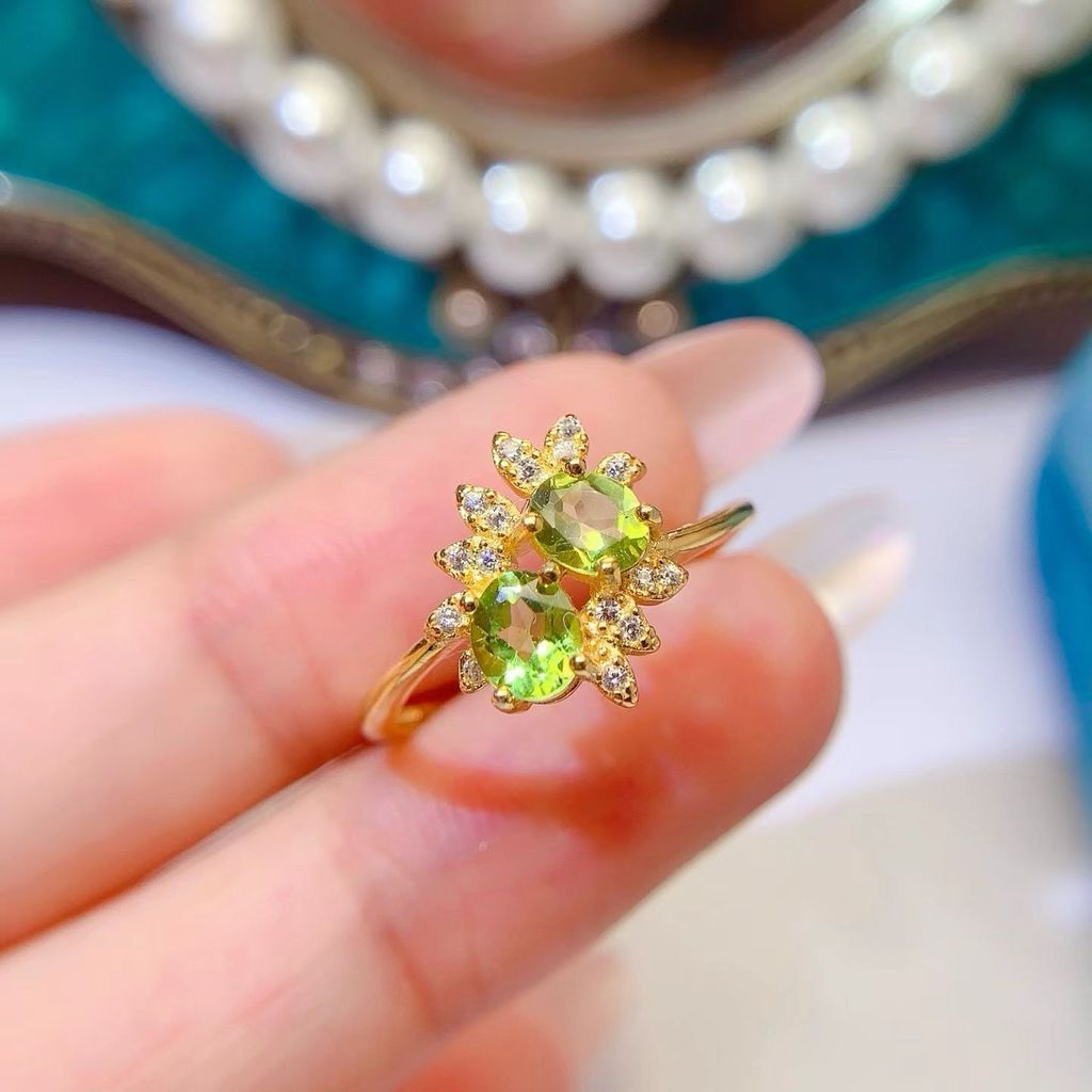 925 Silver Natural Peridot Ring Certified Fine Jewelry Gold Plated Double Oval Floral Cluster Halo
