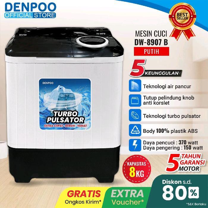 MESIN CUCI 2 TABUNNG DENPOO DW 8907B TURBO PULSATOR TERLARIS - MODEL LAMA DW 8907 - PUTIH