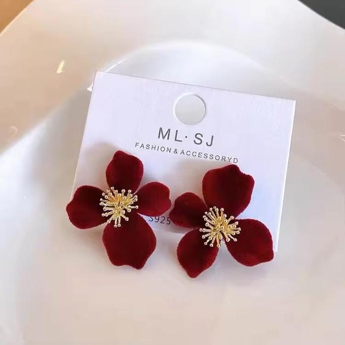 new Anting Bunga Merah Anting Tindik Perhiasan Wanita Anting Merah Maroon AT1211
