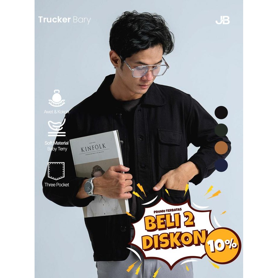 DISKON Jaket Pria Keren Fit Unisex Trucker Bary Black READY STOCK