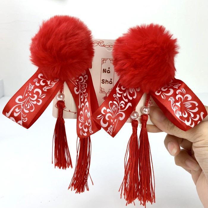 Ready Sepasang Jepit Rambut Imlek Pompom Merah Import Aksesoris Rambut Imlek