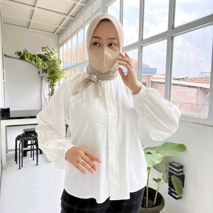 olfc- Atasan Kemeja Blouse Syakila Kerah Chang'I Bahan Rayon Twill Premium Tebal Size S/M,