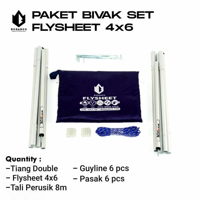 SET FLYSHEET BOGABOO 4X6 DAN TIANG DOUBLE FREE PASAK TALI DAN GUYLINE