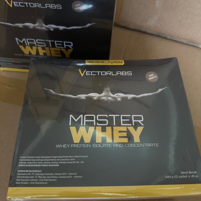 New master whey 12 sachet chocolate amaretto susu fitness suplemen
