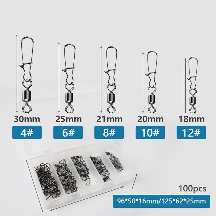 Ready 100Pcs Rolling Swivel Snap Konektor Swivel Pancing Stainless Anti Karat Untuk Pancing Laut Air