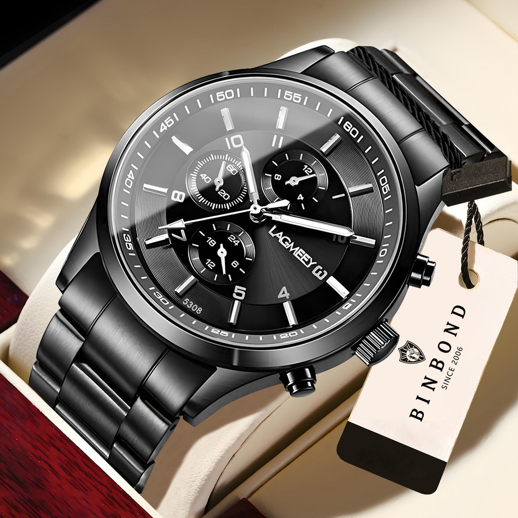BINBOND stainless steel strap durable quartz watch for men luxury luminous waterproof precise