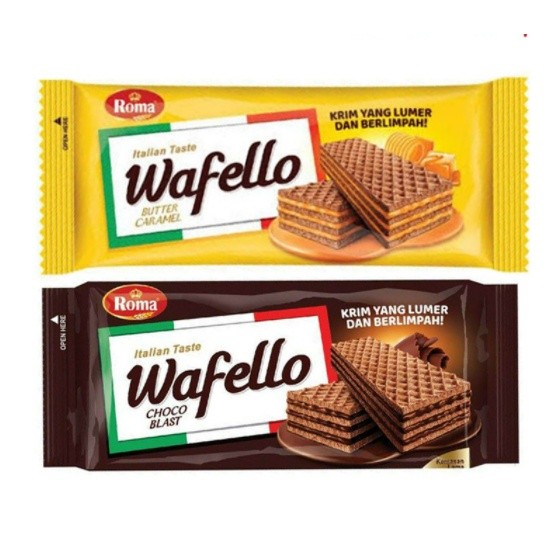 WAFELLO WAFER CHOCO BLAST 135 GRAM BUTTER CARAMEL 130 gr ROMA MAYORA ITALIAN TASTE PROMO SNACK KILOA