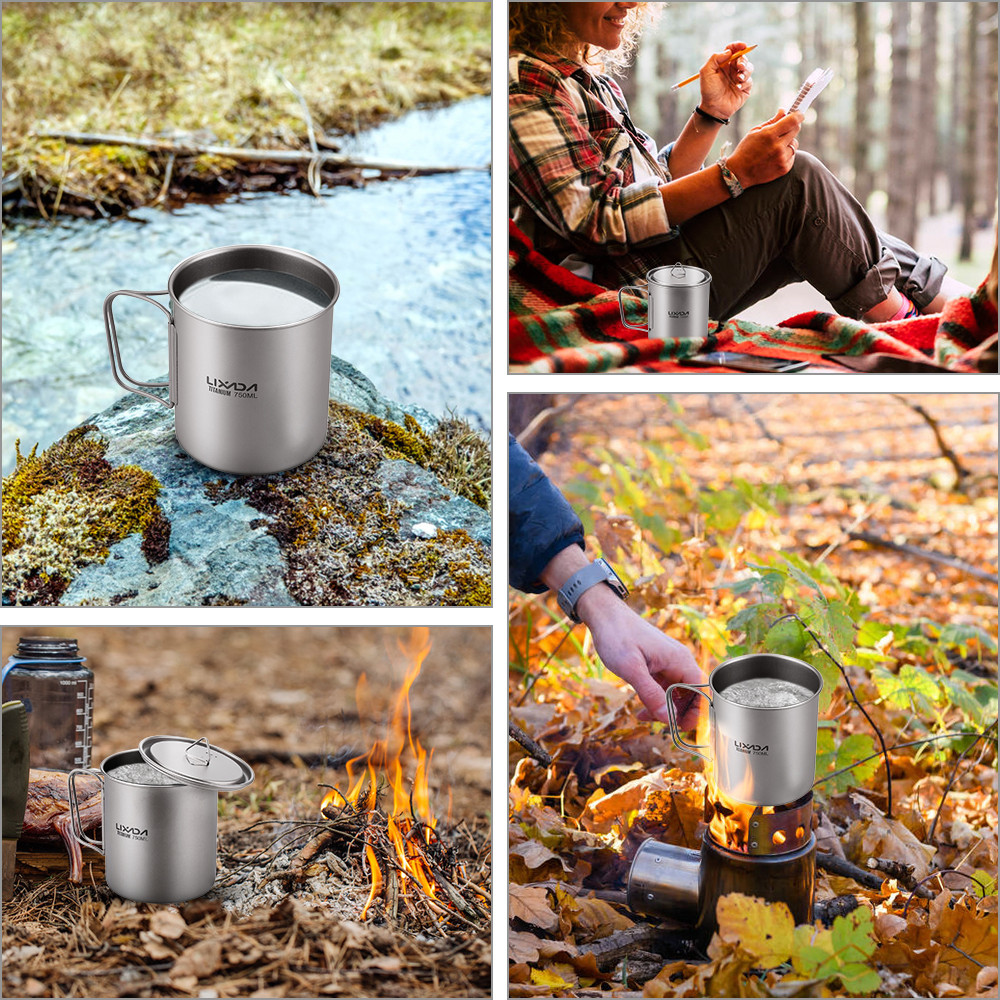 Lixada Titanium Pot Camping Water Cup Mug Lightweight Titanium 750ml Pot 350ml Water Cup Mug Camping
