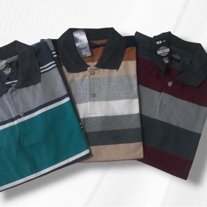 Diskon Paket 3Pcs 100 Rb Kaos Polo Salur Pria Lengan Pendek Katun / Polo Shirts Salur Tanpa Saku