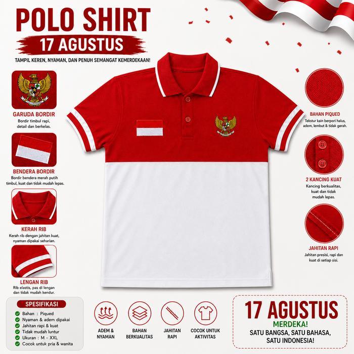 Kaos Kerah Merah Putih / Baju Merah Putih Logo Garuda Indonesia / Polo Shirt Logo Bordir Garuda /